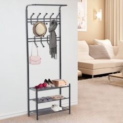 Metal Entryway Coat Shoe Rack Home Organizer 3 Tier Shelves 18 Hooks Black