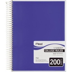 Mead 06780 5 Subject Notebook, College Rule, 8-1/2 x 11, White, 200 Sheets/Pad