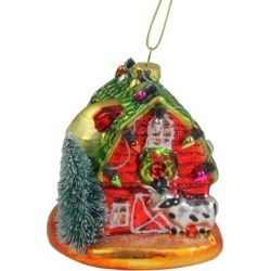 4' Festive Red Barn with Green Roof Glass Christmas Ornament