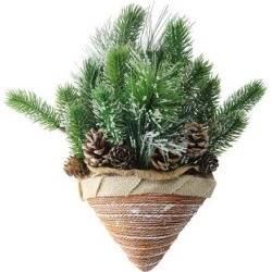 12' Brown Iced Pine Cones and Branch Tips in Burlap Basket Hanging Christmas Decoration