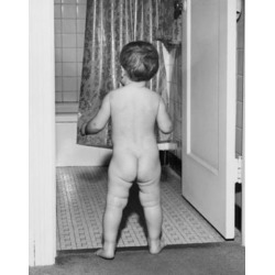 Posterazzi SAL2559094B Rear View of a Baby Standing at the Door of Bathroom Poster Print - 18 x 24 in.