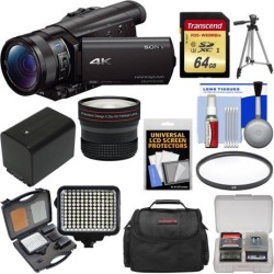 Sony Handycam FDR-AX100 Wi-Fi 4K HD Video Camera Camcorder with 64GB Card + Case + LED Light Set + Battery + Tripod + Fisheye Lens + Filter Kit