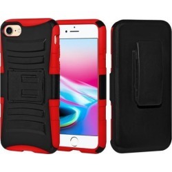 Rugged TUFF Hybrid Armor Hard Defender Case with Holster - Black/ Red for iPhone 8