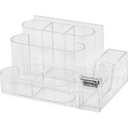 Home Office Plastic 6 Compartments One Tape Roller Pencil Pen Holder Clear