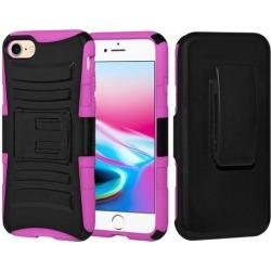 Rugged TUFF Hybrid Armor Hard Defender Case with Holster - Black/ Hot Pink for iPhone 8