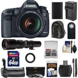 Canon EOS 5D Mark III Digital SLR Camera with EF 24-105mm L IS USM Lens with 500mm Telephoto Lens + 64GB Card + Grip + Battery & Charger + Backpack.