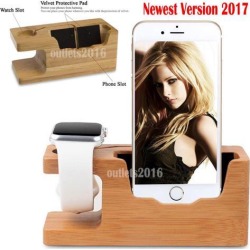 iPhone Samsung Apple Watch Dock Bamboo Wood Stand Charging Station Cradle Holder