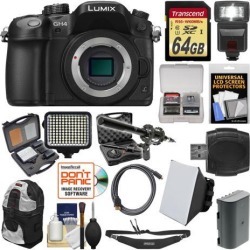 Panasonic Lumix DMC-GH4 4K Micro Four Thirds Digital Camera Body with 64GB Card + Backpack + Flash + Battery + Microphone + LED Light Kit
