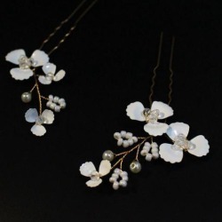 2pcs Crystal U Shape Bridal Wedding Flower Pearls Hair Pins Headpieces