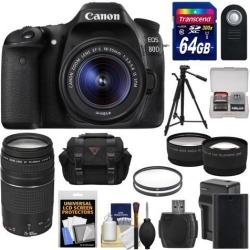 Canon EOS 80D Wi-Fi Digital SLR Camera & EF-S 18-55mm IS STM with 75-300mm III Lens + 64GB + Battery & Charger + Case + Tripod + Tele/Wide Lens Kit