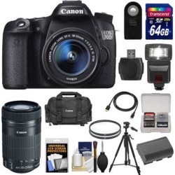 Canon EOS 70D Digital SLR Camera & EF-S 18-55mm IS STM Lens with 55-250mm IS STM Lens + 64GB Card + Battery + Case + Filters + Flash + Tripod + Kit