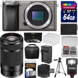 Sony Alpha A6000 Wi-Fi Digital Camera Body (Graphite) with 55-210mm Lens + 64GB Card + Case + Flash + Diffuser + Battery & Charger + Tripod Kit