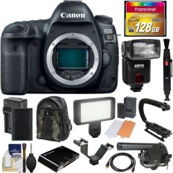 Canon EOS 5D Mark IV 4K Wi-Fi Digital SLR Camera Body with 128GB CF Card + Battery & Charger + Backpack + Flash + LED Video Light + Microphone + Kit