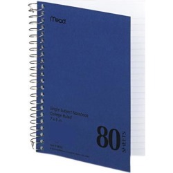 Mead 06542 Spiral Bound 1 Subject Notebook, College Rule, 5 x 7, White, 80 Sheets/Pad