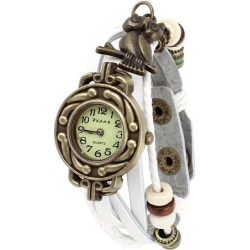 Women Retro Style PU Leather Belt Owl Pendant Analog Quartz Wrist Watch White