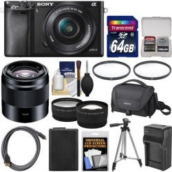 Sony Alpha A6000 Wi-Fi Digital Camera & 16-50mm Lens (Black) with 50mm f/1.8 Lens + 64GB Card + Case + Battery/Charger + Tripod + Tele/Wide Lens Kit