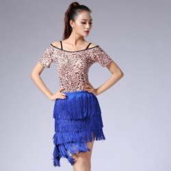 Latin Ballroom Dance Short Sleeve Dance Tops Practice Costume L Leopard