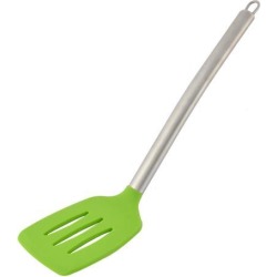 Stainless Steel Handle Slotted Pancake Turner Spatula Green Silver Tone