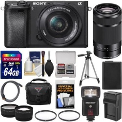 Sony Alpha A6300 4K Wi-Fi Digital Camera & 16-50mm with 55-210mm Lens + 64GB Card + Case + Flash + Battery & Charger + Tripod + Filters + Kit