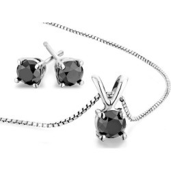 2.0 Carat (ctw) Black Diamond Solitaire Earrings and Necklace Set in Sterling Silver