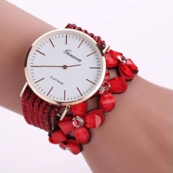 Fashion Women Sparkling Rhinestone Clover Bracelet Watch Round Dial Quartz Wrist Watch Red