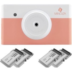 Minolta MNCP10 instapix Instant Print Camera (Coral Pink) with 40-Print Bundle