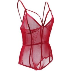 Womens Sexy Lingerie See Through Spaghetti Strap Jumpsuit Romper S Wine Red