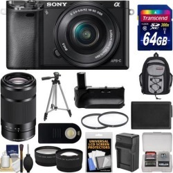Sony Alpha A6000 Wi-Fi Digital Camera & 16-50mm Lens (Black) with 55-210mm Lens + 64GB Card + Backpack + Battery/Charger + Grip + Tripod + 2 Lens Kit
