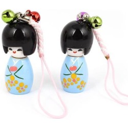 Unique Bargains Blue Wooden Japanese Doll Pendant Cell Phone Strap Decoration 2 Pcs