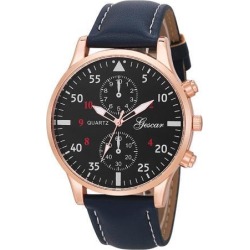 Gescar-8379 Man Male Business Casual Quartz Wrist Watch Digital Black Surface Leather Watch Strap Black belt silver shell black surface