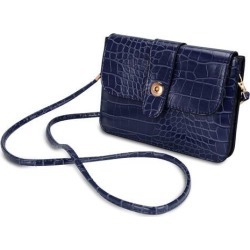 Horizontal Crocodile Themed Eco Leather Pouch w/ Shoulder Strap fits up to 6.1 x 3 inch Phones (Navy Blue)