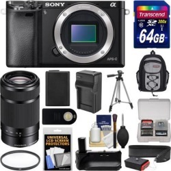 Sony Alpha A6000 Wi-Fi Digital Camera Body (Black) with 55-210mm Lens + 64GB Card + Backpack + Battery & Charger + Grip + Tripod + Filter Kit