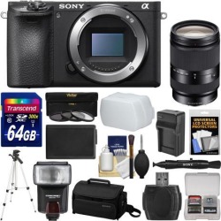 Sony Alpha A6500 4K Wi-Fi Digital Camera Body with 18-200mm Lens + 64GB Card + Case + Flash + Battery & Charger + Tripod + Filters + Kit