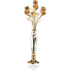 Beautifully Crafted 'Rose Bouquet in a Vase' Table Top Ornament Dipped in 24K Gold Plating Made with Genuine Matashi Crystals