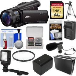 Sony Handycam FDR-AX100 Wi-Fi 4K HD Video Camera Camcorder with 64GB Card + Case + LED Light + Battery/Charger + Mic + Tripod + Filter Kit