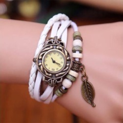 Women Girls Fashion Retro Handmade Leather Bracelet Leaf Decoration Quartz Wrist Watch White