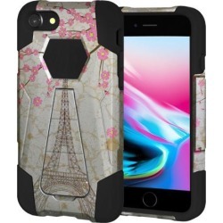 Amzer Dual Layer Designer Hybrid Case with Kickstand - White Vintage Eiffel Tower Paris Sakura Floral for iPhone 8