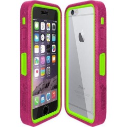 Amzer Magenta on Green Embedded Tempered Glass Rugged Case With Holster for Silver/Gold Apple iPhone 6 Plus / 6S Plus