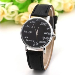 Fashion Quartz Watch Math Formula Round Dial PU Leather Casual Wrist Watches for Women and Men Black