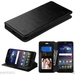 Black Faux Leather Folio Case w/Stand+ID Slots for ZTE Grand X 3 Z959 Warp 7