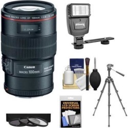 Canon EF 100mm f/2.8 L IS Macro USM Lens with Professional Flash + Tripod + 3 Filters Kit for EOS 6D, 70D, 7D, 5DS, 5D Mark II III, Rebel T5, T5i.
