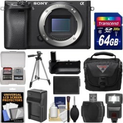Sony Alpha A6300 4K Wi-Fi Digital Camera Body with 64GB Card + Case + Flash + Battery & Charger + Grip + Tripod + Kit