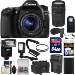 Canon EOS 80D Wi-Fi Digital SLR Camera & EF-S 18-55mm IS STM with 75-300mm III Lens + 64GB + Battery + Case + Flash + LED Light + Mic + Stabilizer Kit