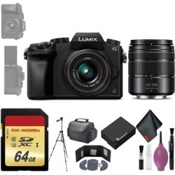 Panasonic Lumix DMC-G7 Mirrorless Micro Four Thirds Digital Camera w/ 14-42mm & 45-150mm Lenses (Black) - 64GB - Memory Card Wallet - Reader - Battery