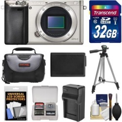 Sony Alpha A6000 Wi-Fi Digital Camera Body (Silver) with 32GB Card + Case + Battery/Charger + Tripod + Accessory Kit