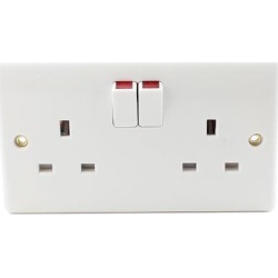 Dual AC 250V UK Socket 2 Gang Single Pole Wall Switched Outlet White 140mm x 86mm