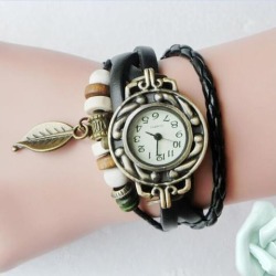 Women Girls Fashion Retro Handmade Leather Bracelet Leaf Decoration Quartz Wrist Watch Black