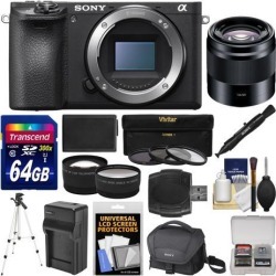 Sony Alpha A6500 4K Wi-Fi Digital Camera Body with 50mm f/1.8 Lens + 64GB Card + Case + Battery & Charger + Tripod + Tele/Wide Lens Kit