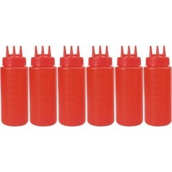 6pcs 16 OZ Plastic Three Hole Condiment Squeeze Bottles Perfect for Cooking Salad Ketchup BBQ Syrup Condiments Dispenser Red