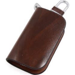Brown Faux Leather Wood Veins Zipper Keys Keeper Coins Holder for Car Vehicle
